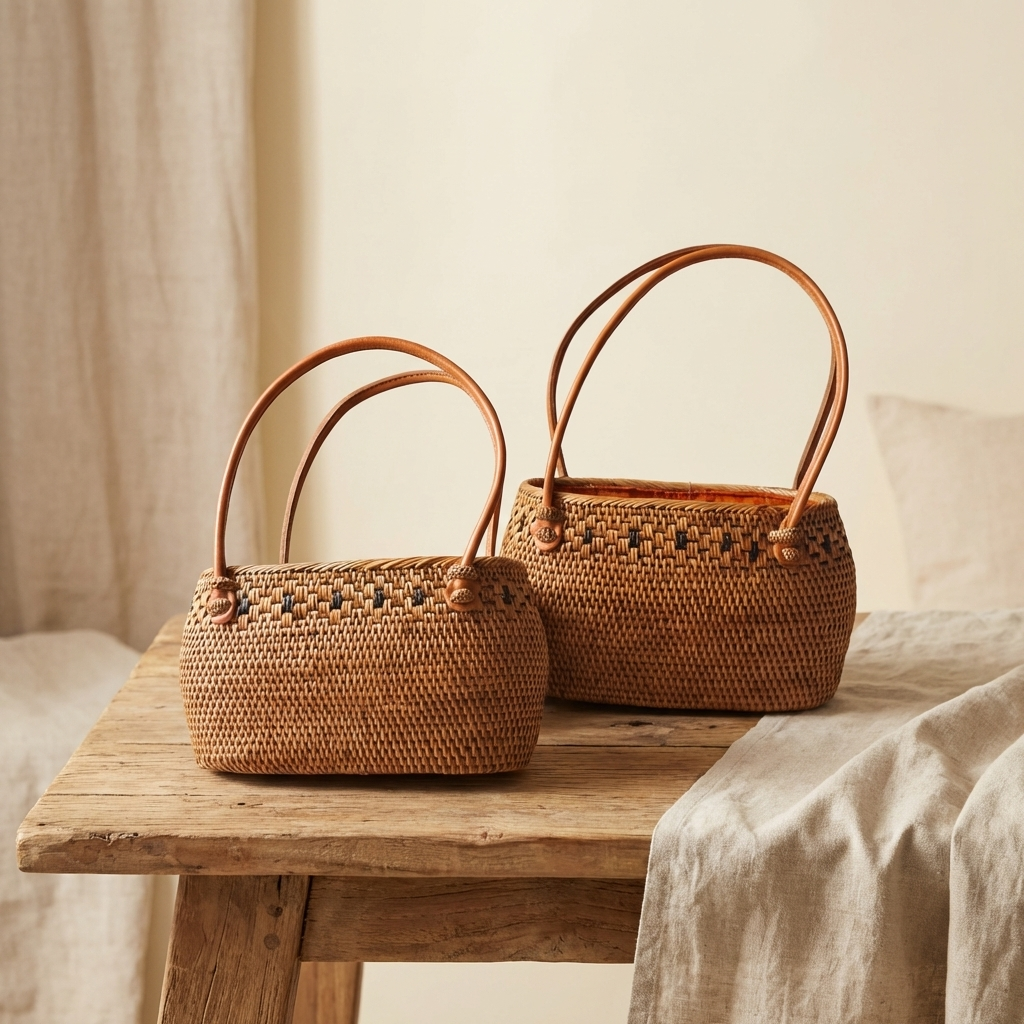 Handmade extra small Rattan Bag with Inner Pouch - Boho Woven Coastal Fashion Bag