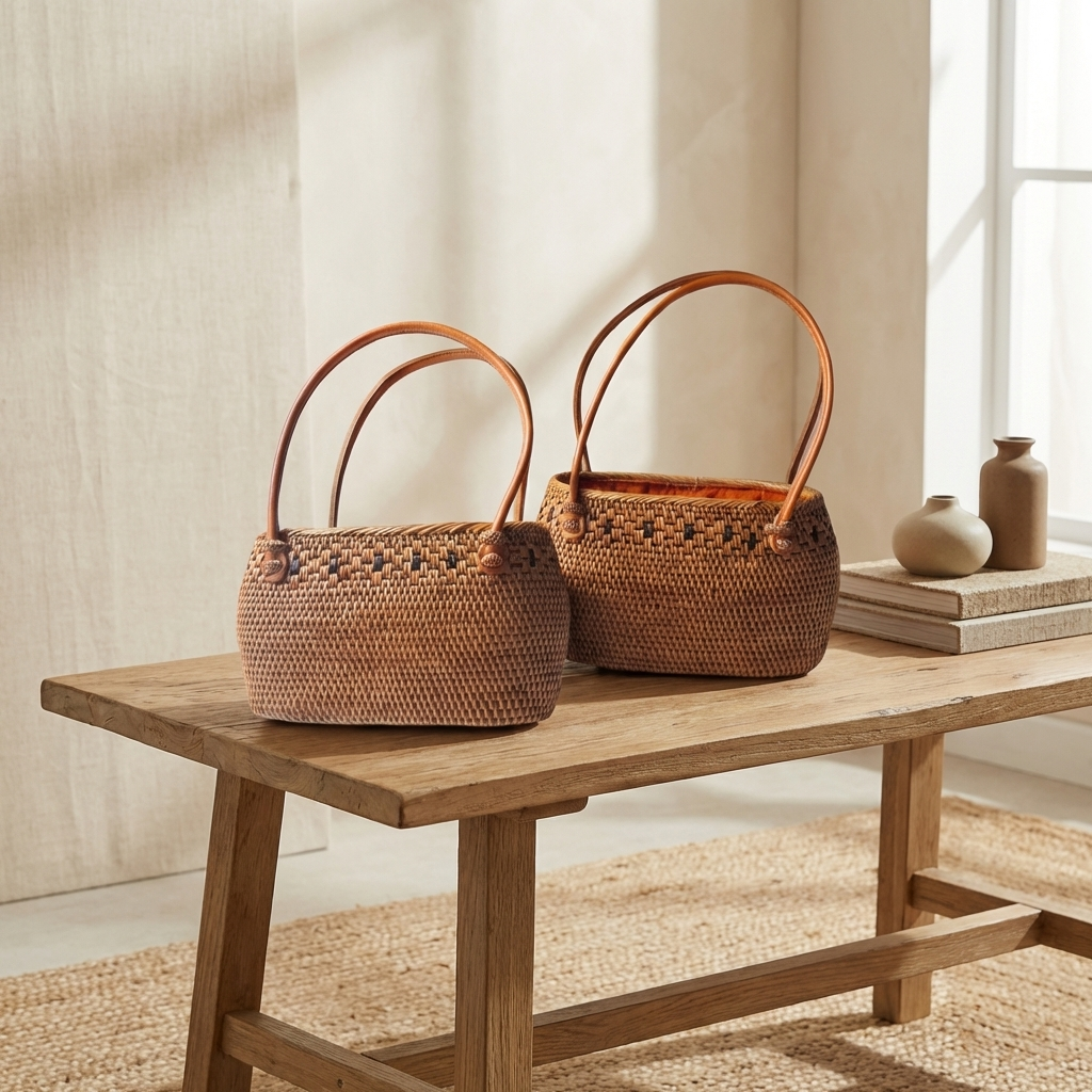Handmade extra small Rattan Bag with Inner Pouch - Boho Woven Coastal Fashion Bag