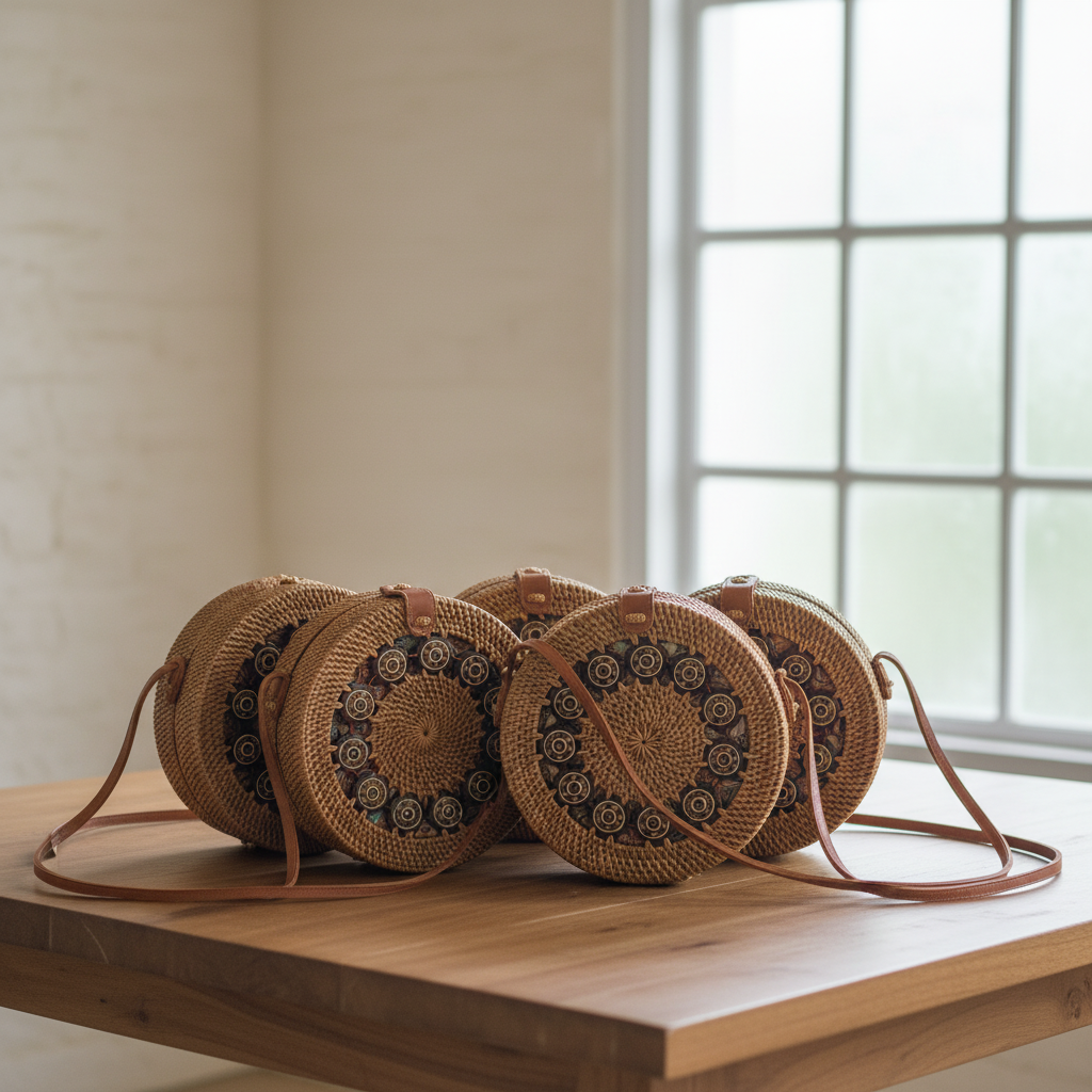 Handmade Rattan Crossbody Bag with Coconut Shell Beads - Boho Woven Coast Fashion Bag