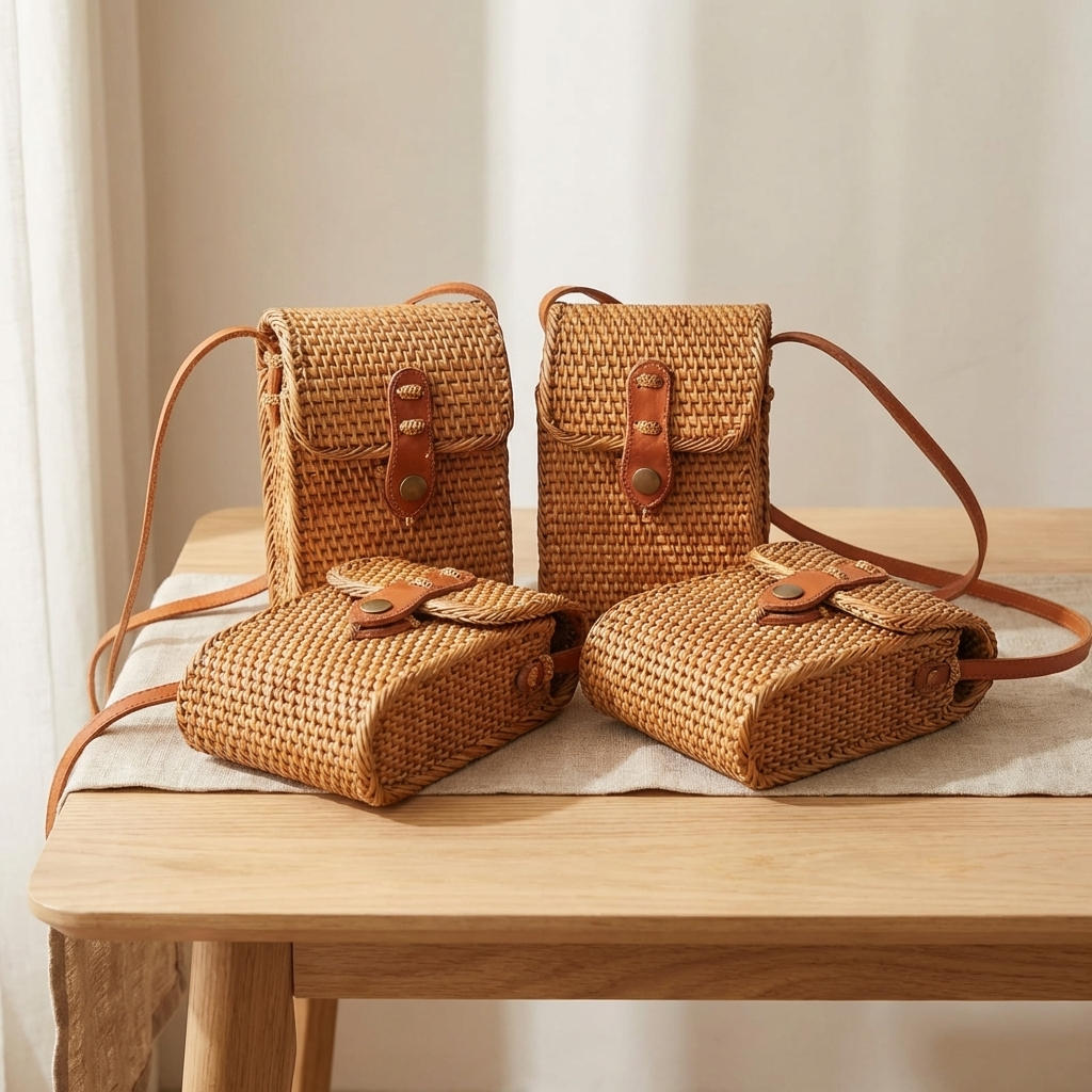Handmade Rattan Tote Bag - Boho Lightweight Shoulder Bag