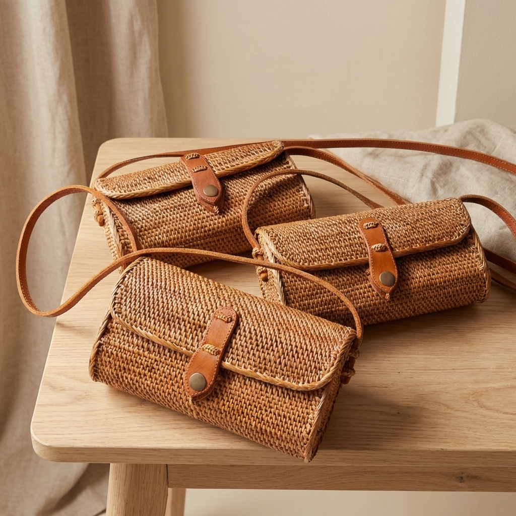 Handmade Rattan Clutch Bag - Boho Woven Coastal Fashion Bag