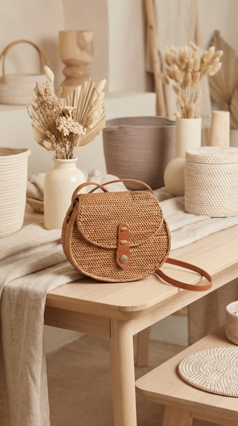 Handmade Rattan Crossbody Bag - Boho Woven Coastal Fashion Bag