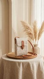 Handmade White Rattan Tote Bag - Boho Lightweight Shoulder Bag
