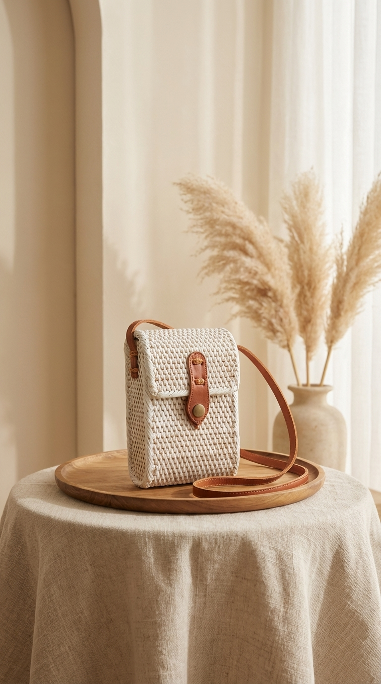 Handmade White Rattan Tote Bag - Boho Lightweight Shoulder Bag