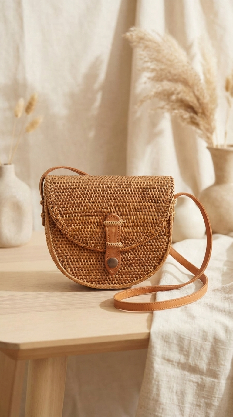 Handmade Rattan Crossbody Bag - Boho Woven Coastal Fashion Bag