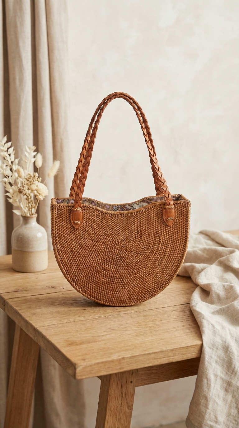 Handmade Rattan Half-Circle Bag - Boho Lightweight Handbag