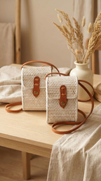 Handmade White Rattan Tote Bag - Boho Lightweight Shoulder Bag