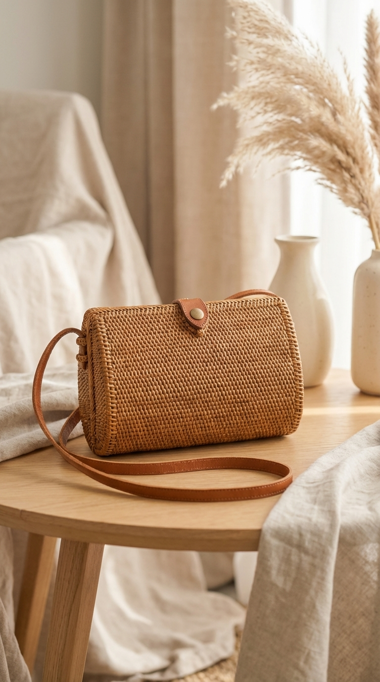 Handmade Rattan Crossbody Bag - Boho Woven Coastal Fashion Bag