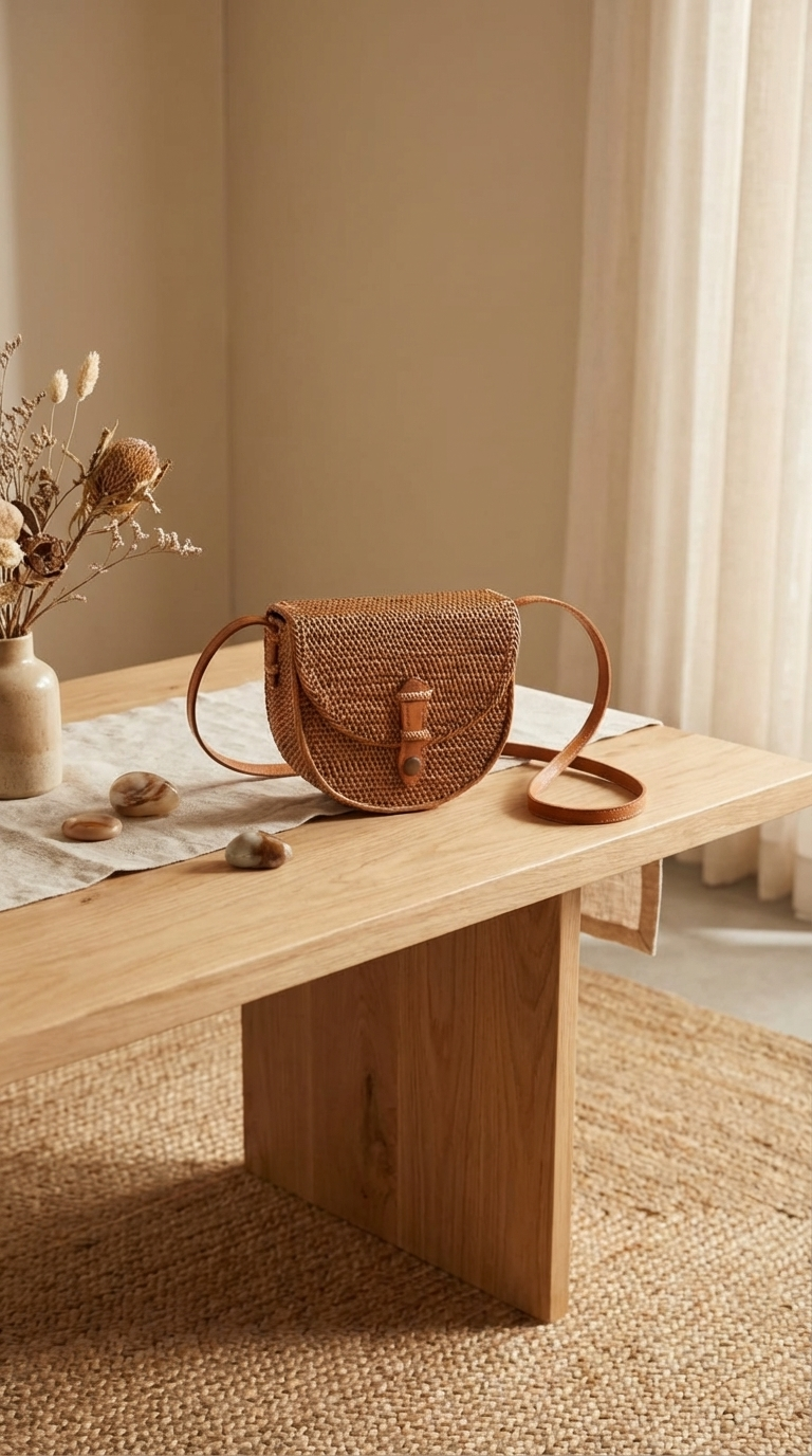 Handmade Rattan Crossbody Bag - Boho Woven Coastal Fashion Bag
