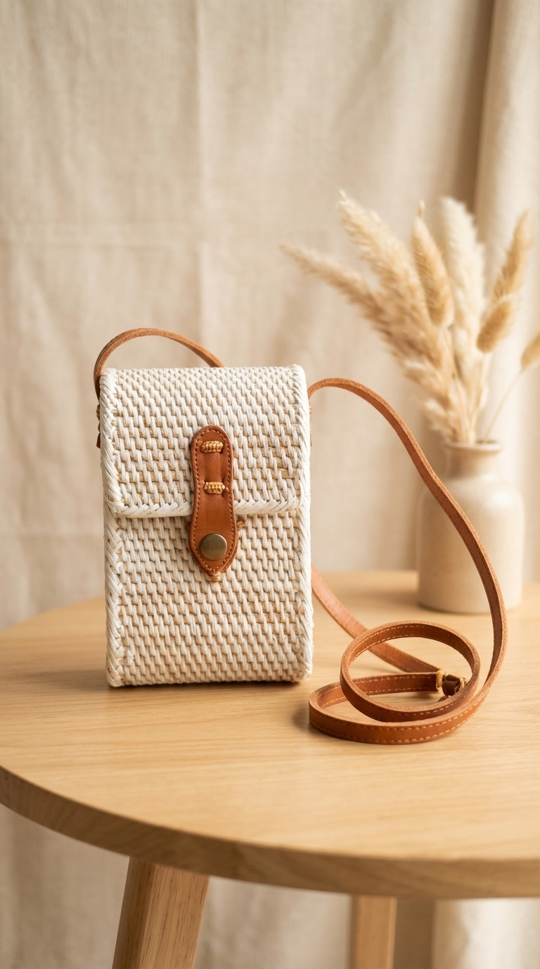 Handmade White Rattan Tote Bag - Boho Lightweight Shoulder Bag