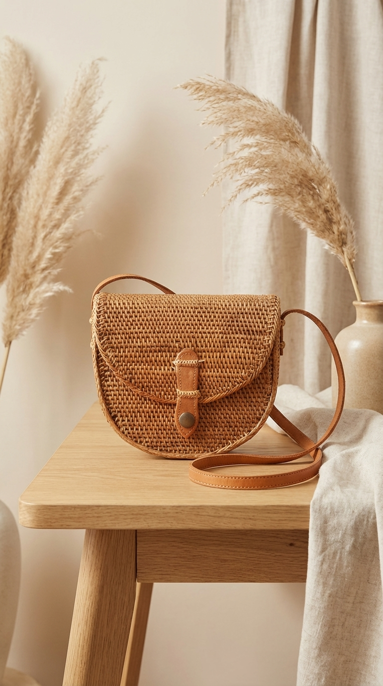 Handmade Rattan Crossbody Bag - Boho Woven Coastal Fashion Bag