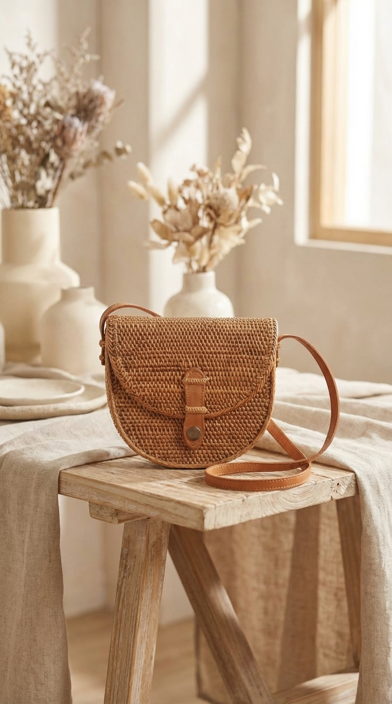 Handmade Rattan Crossbody Bag - Boho Woven Coastal Fashion Bag
