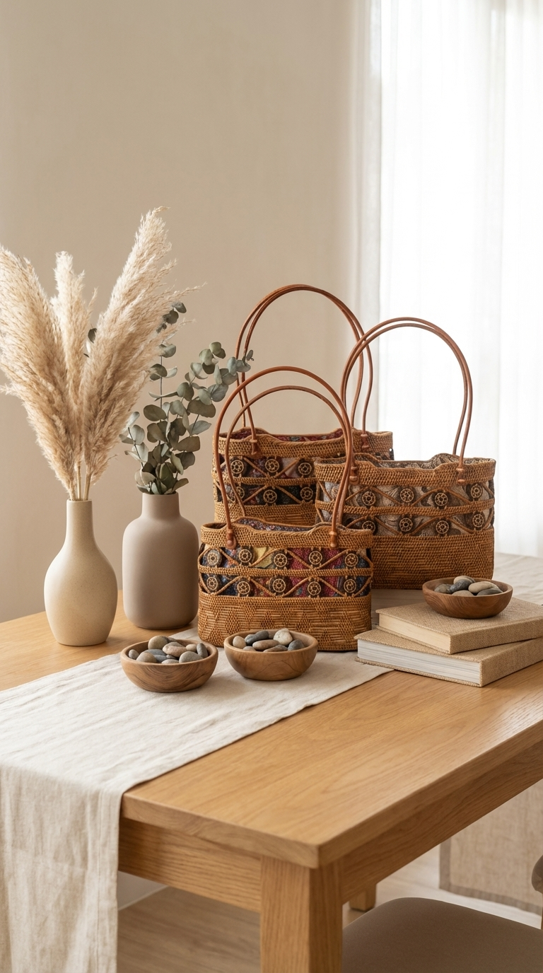 Handwoven Rattan Bag with Decorative Coconut Shell Beads - Handmade Coastal Fashion Bag