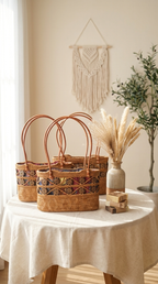Handwoven Rattan Bag with Decorative Coconut Shell Beads - Handmade Coastal Fashion Bag