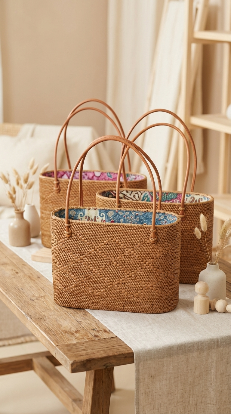 Handmade Rattan Bag with inner Pouch - Large Boho Bali Beach Bag