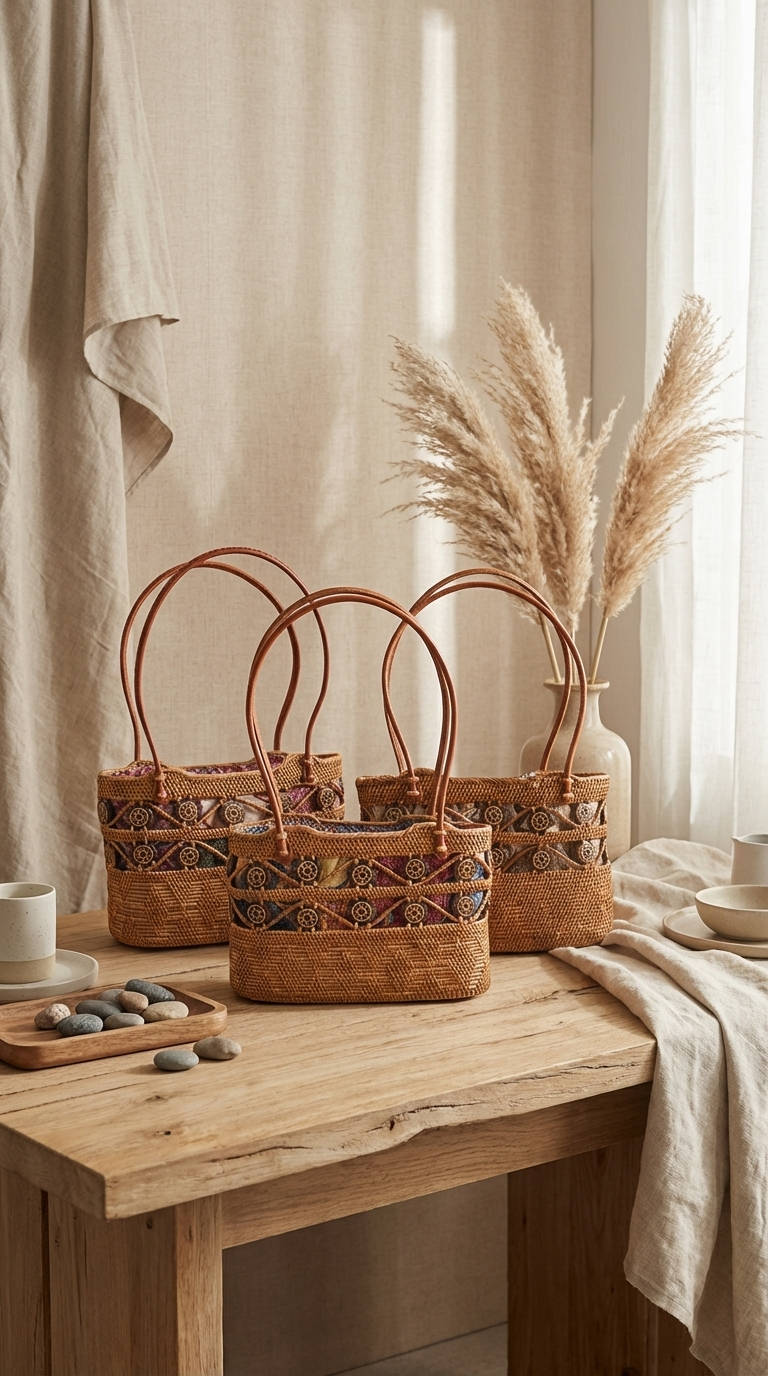 Handwoven Rattan Bag with Decorative Coconut Shell Beads - Handmade Coastal Fashion Bag