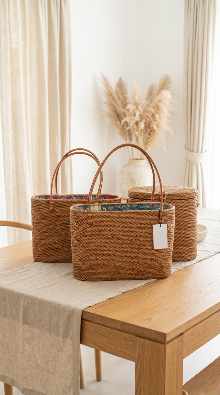 Handmade Rattan Bag with inner Pouch - Large Boho Bali Beach Bag