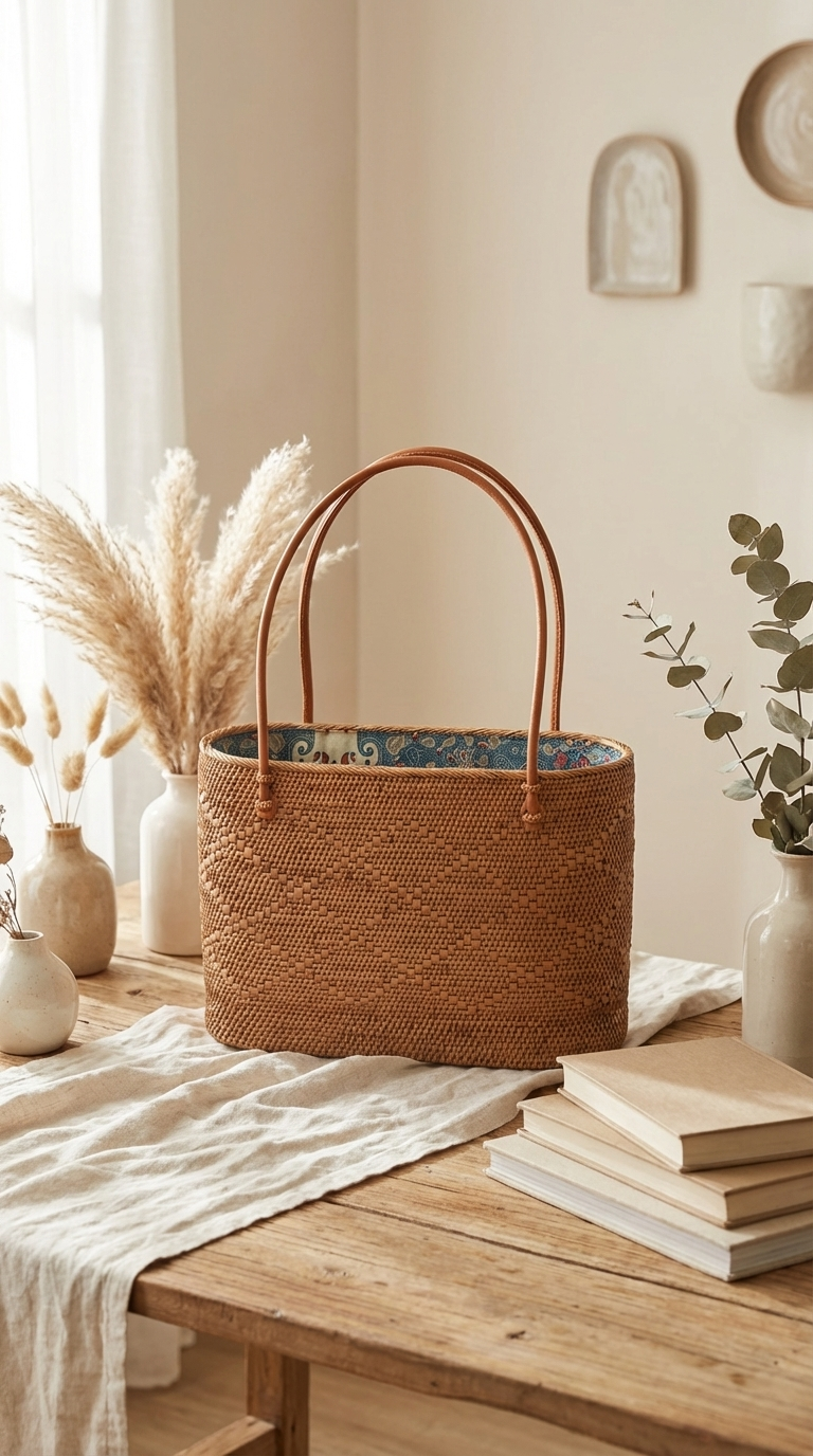 Handmade Rattan Bag with inner Pouch - Large Boho Bali Beach Bag