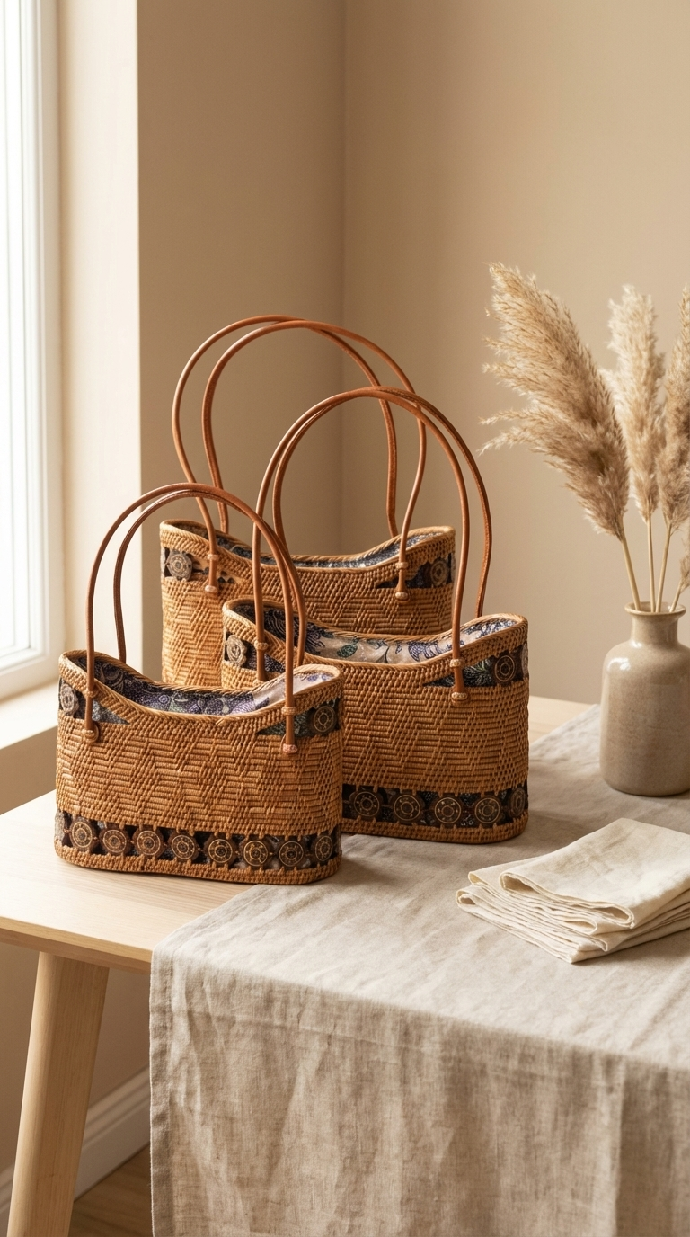 Handmade Rattan Bag with Inner Pouch & Natural Coconut Shell beads - Boh Woven Coastal Fashion Bag