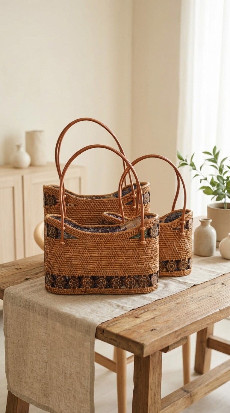 Handmade Rattan Bag with Inner Pouch & Natural Coconut Shell beads - Boh Woven Coastal Fashion Bag
